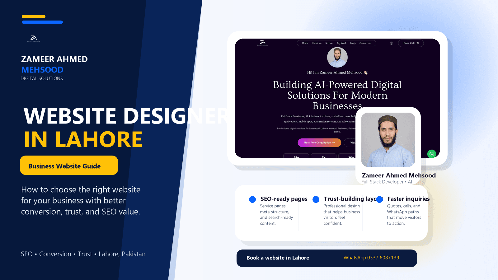 Website Designer in Lahore business guide cover featuring Zameer Ahmed Mehsood and his portfolio website